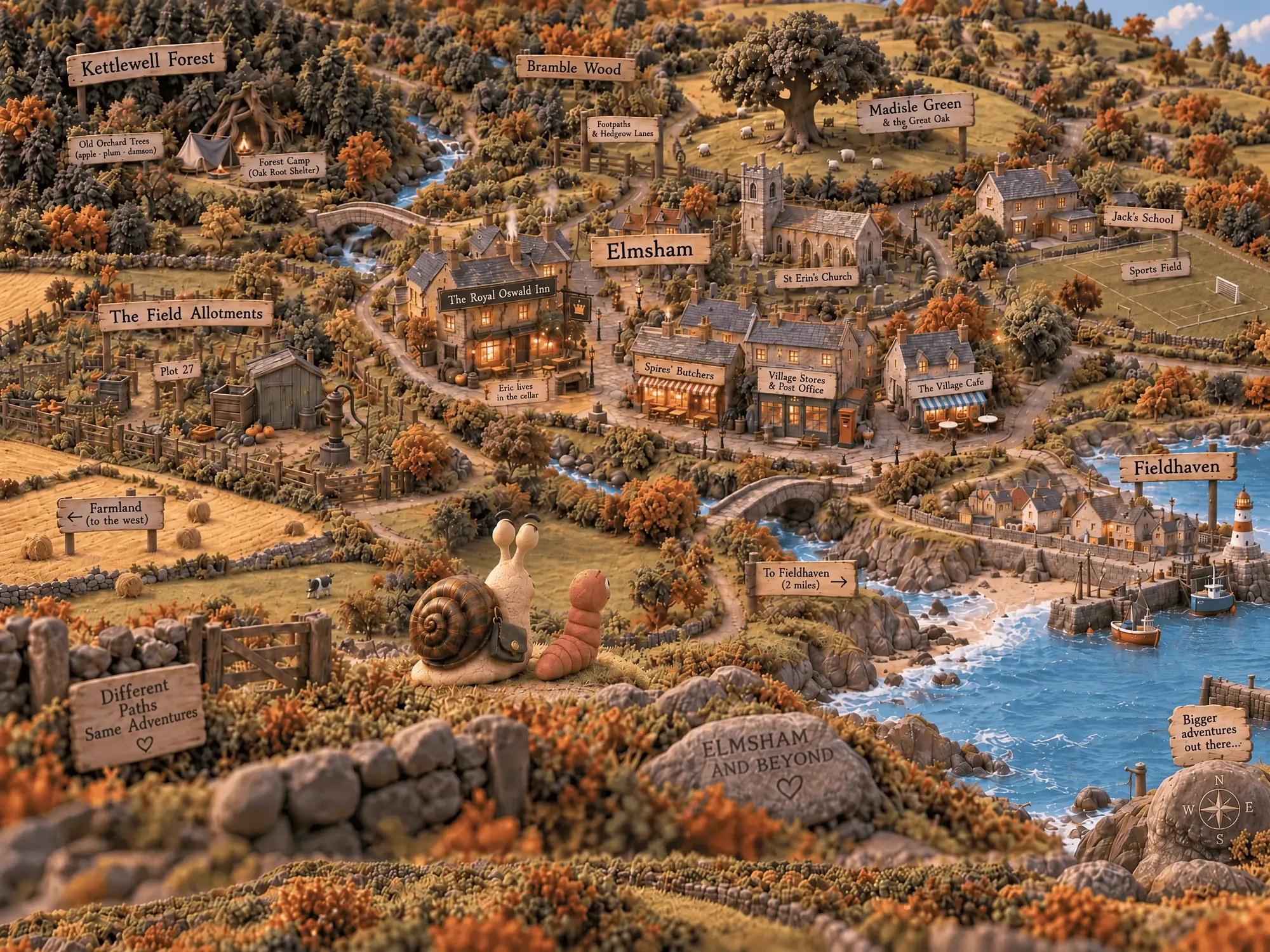 A map of Elmsham built as a miniature model: the Royal Oswald Inn, The Field Allotments, Whitmore Green and the great oak, Kettlewell Forest, Bramble Wood, and the road down to Fieldhaven on the coast