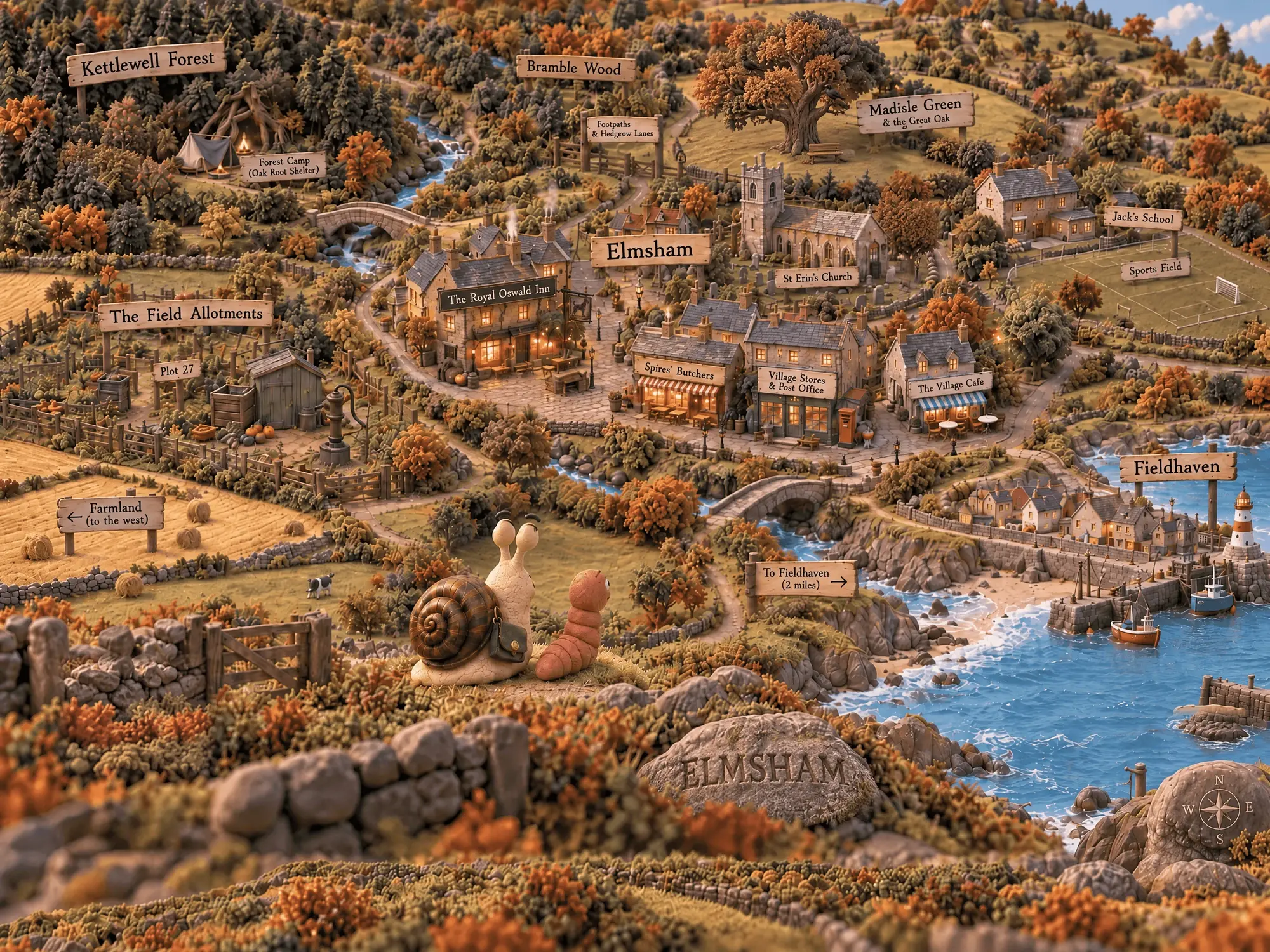 A map of Elmsham built as a miniature model: the Royal Oswald Inn, The Field Allotments, Madisle Green and the great oak, Kettlewell Forest, Bramble Wood, and the road down to Fieldhaven on the coast