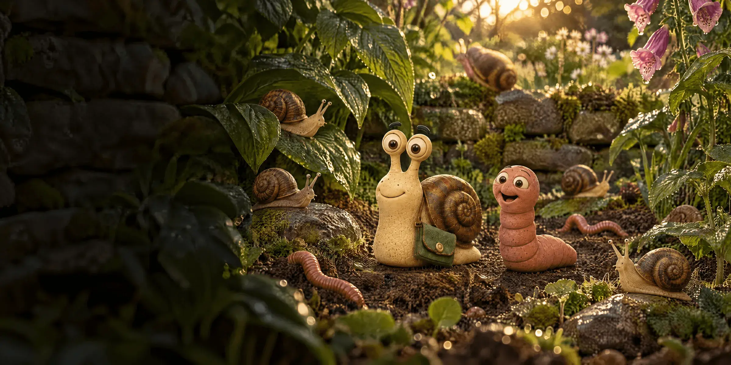A damp garden border after rain, full of ordinary snails on the leaves and worms in the soil, with Eric the snail and Wally the worm among them.