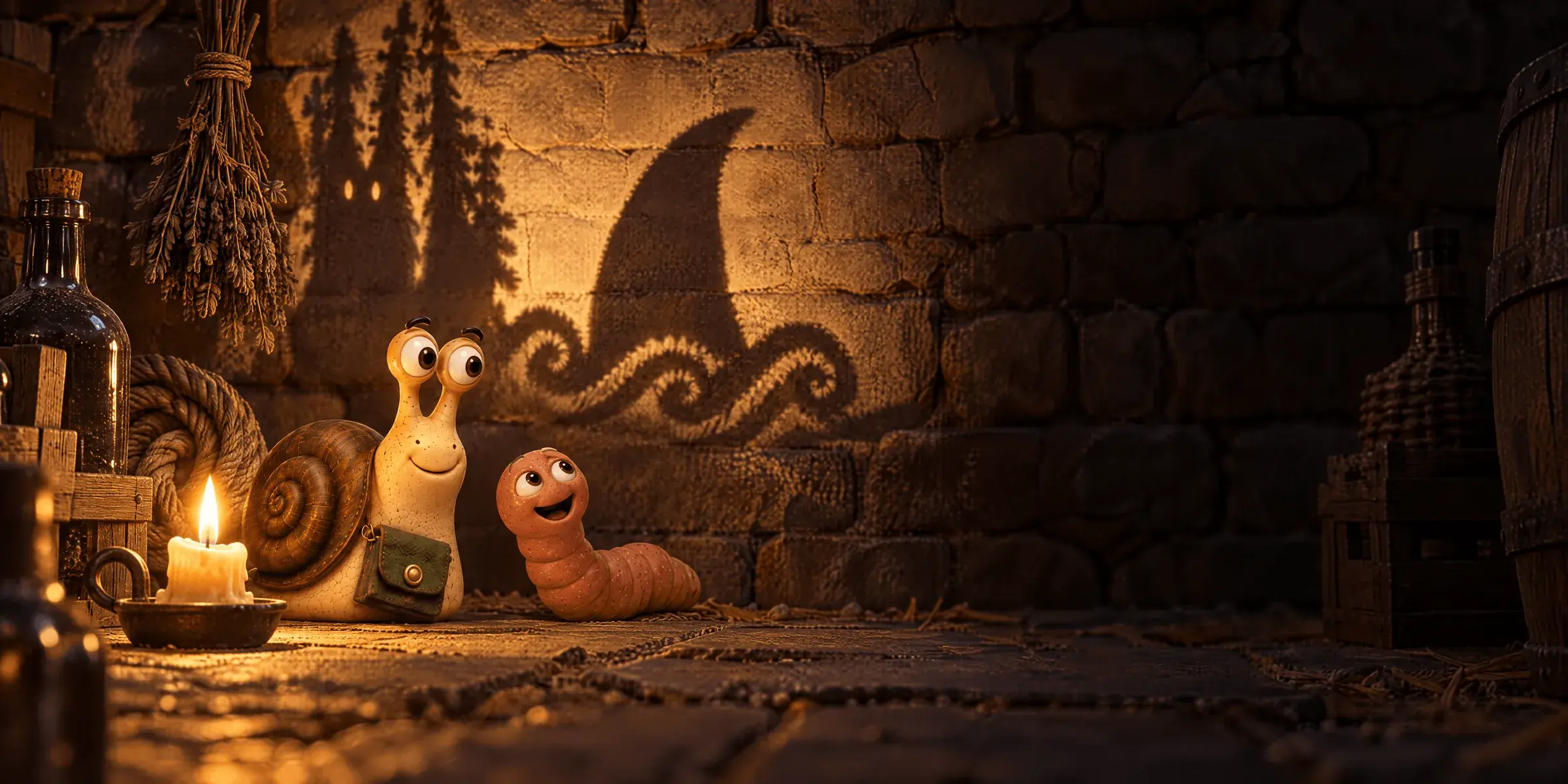 Eric the snail and Wally the worm by a candle in the cellar, Wally thrilled, while the shadows of a bottle, a rope and a bundle of herbs on the wall look like a fin in the waves and dark trees.