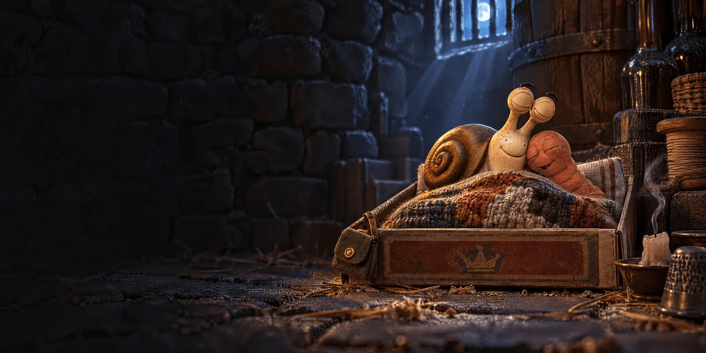 Eric the snail and Wally the worm fast asleep in their matchbox bed in the cellar, the candle burnt down and moonlight coming through the grating.