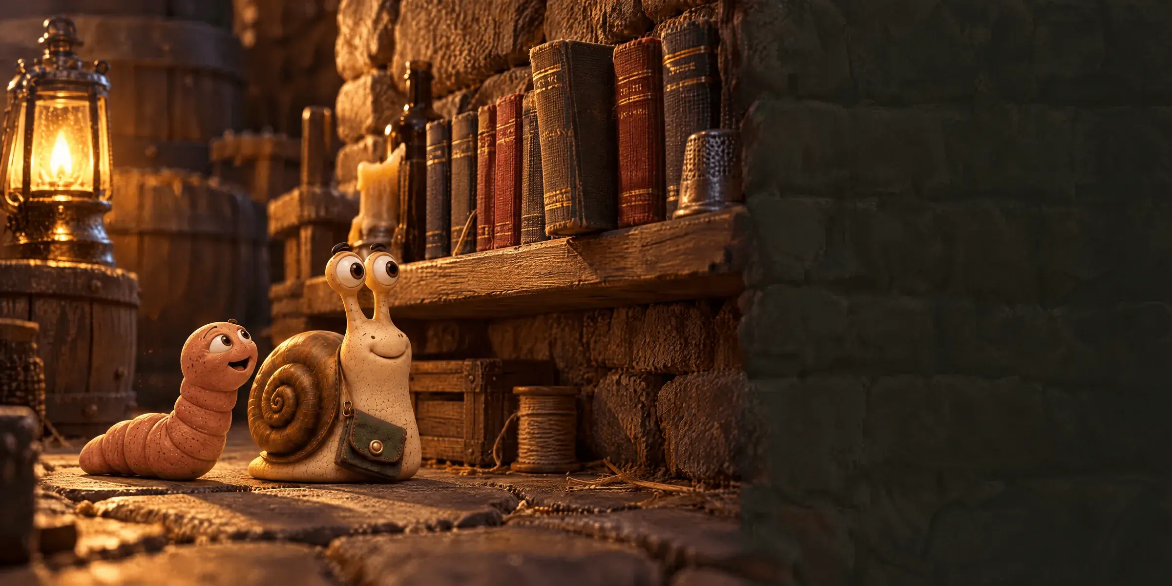 Eric the snail and Wally the worm on the cellar flagstones below a low shelf of little cloth-bound books, by lantern light.