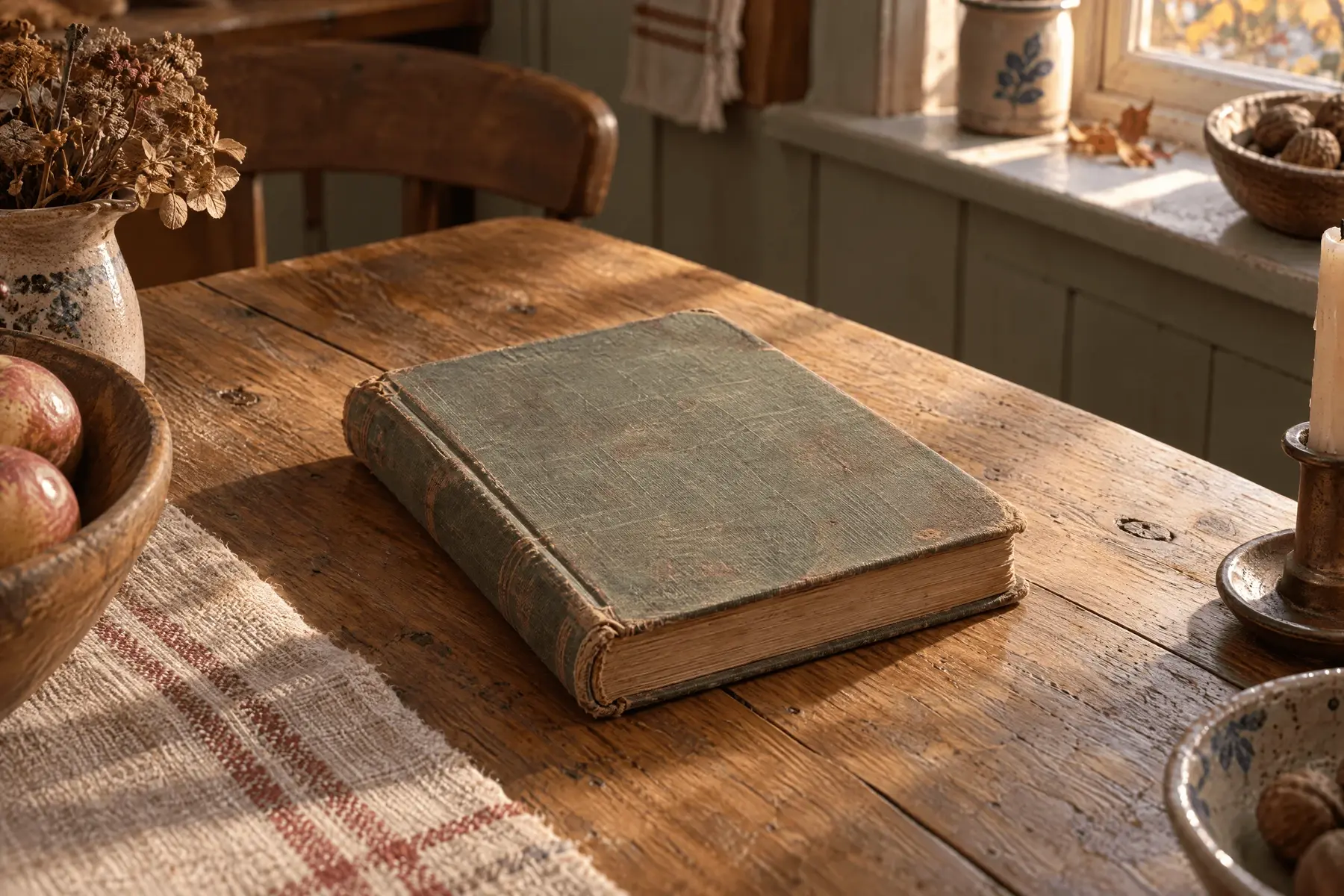 A worn hardback storybook lying closed on a scrubbed wooden kitchen table in morning light.