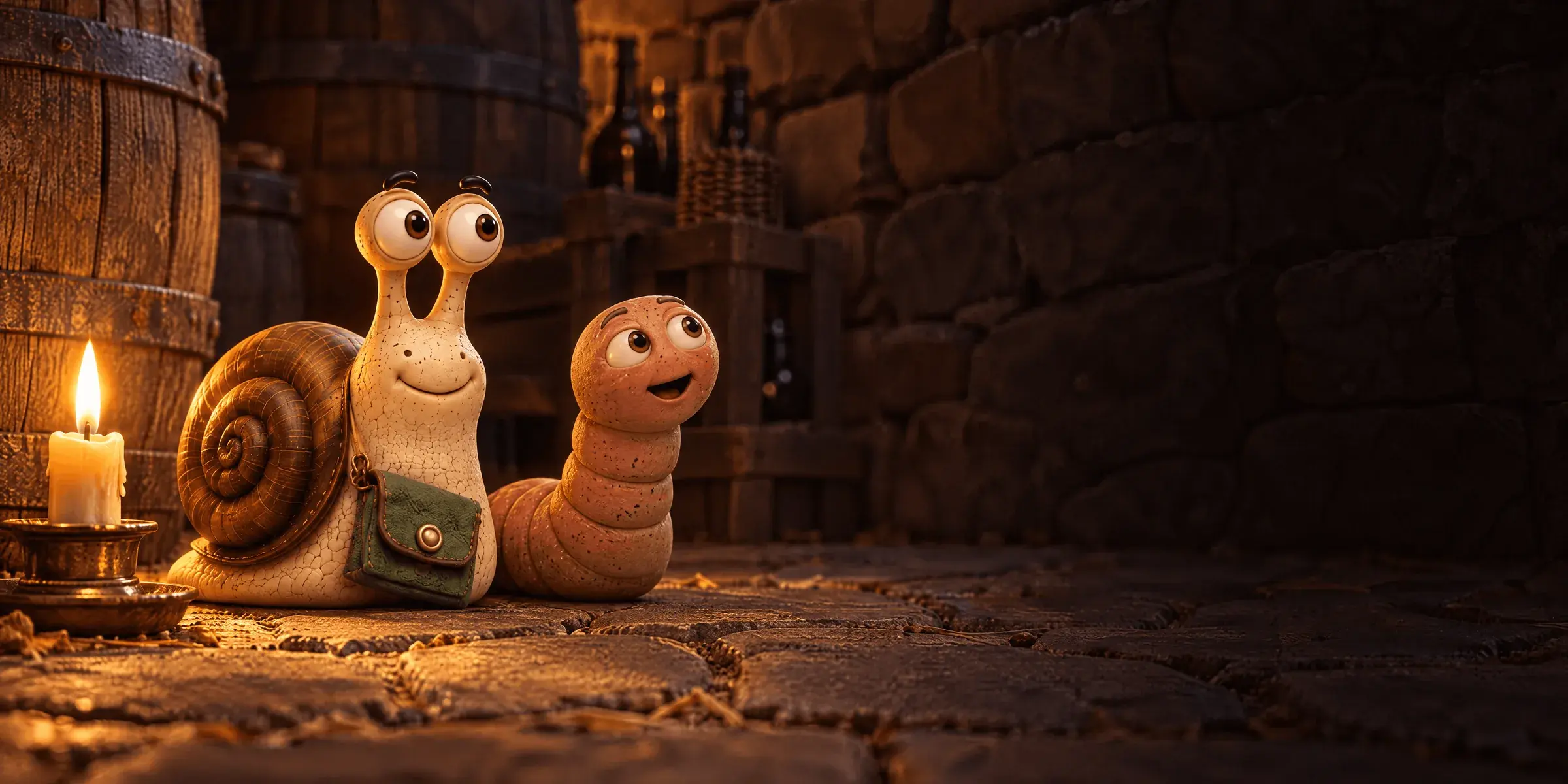 Eric the snail and Wally the worm close together on the cellar flagstones by one candle, wide-eyed, listening to a story.