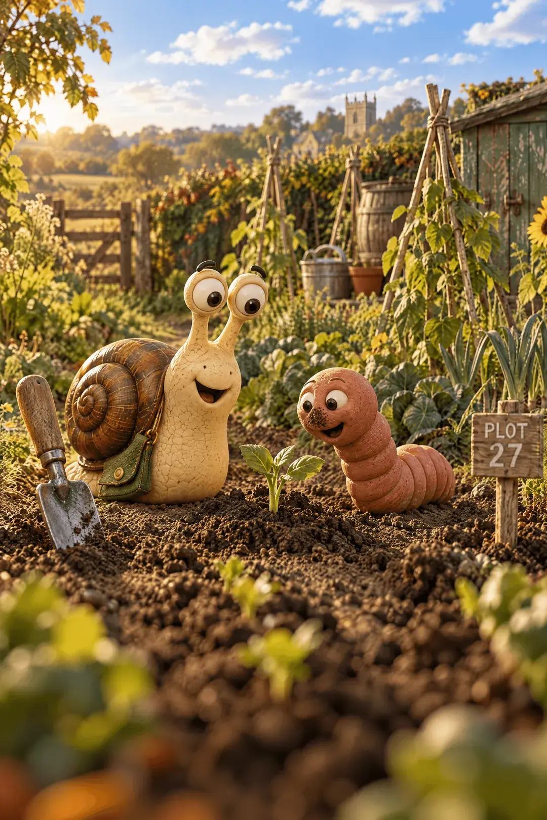 Eric the snail and Wally the worm beside a newly planted seedling at Plot 27, a trowel standing in the soil.