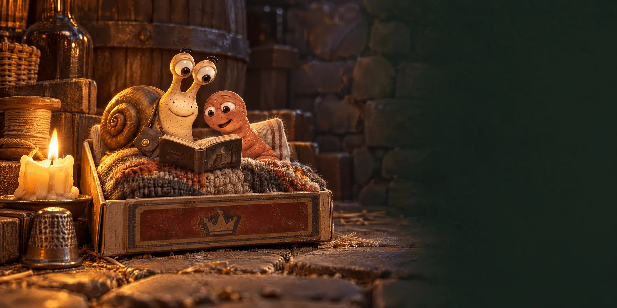 Eric the snail and Wally the worm tucked up under a knitted blanket in a matchbox bed by candlelight, reading a little book together in the cellar of the Royal Oswald.