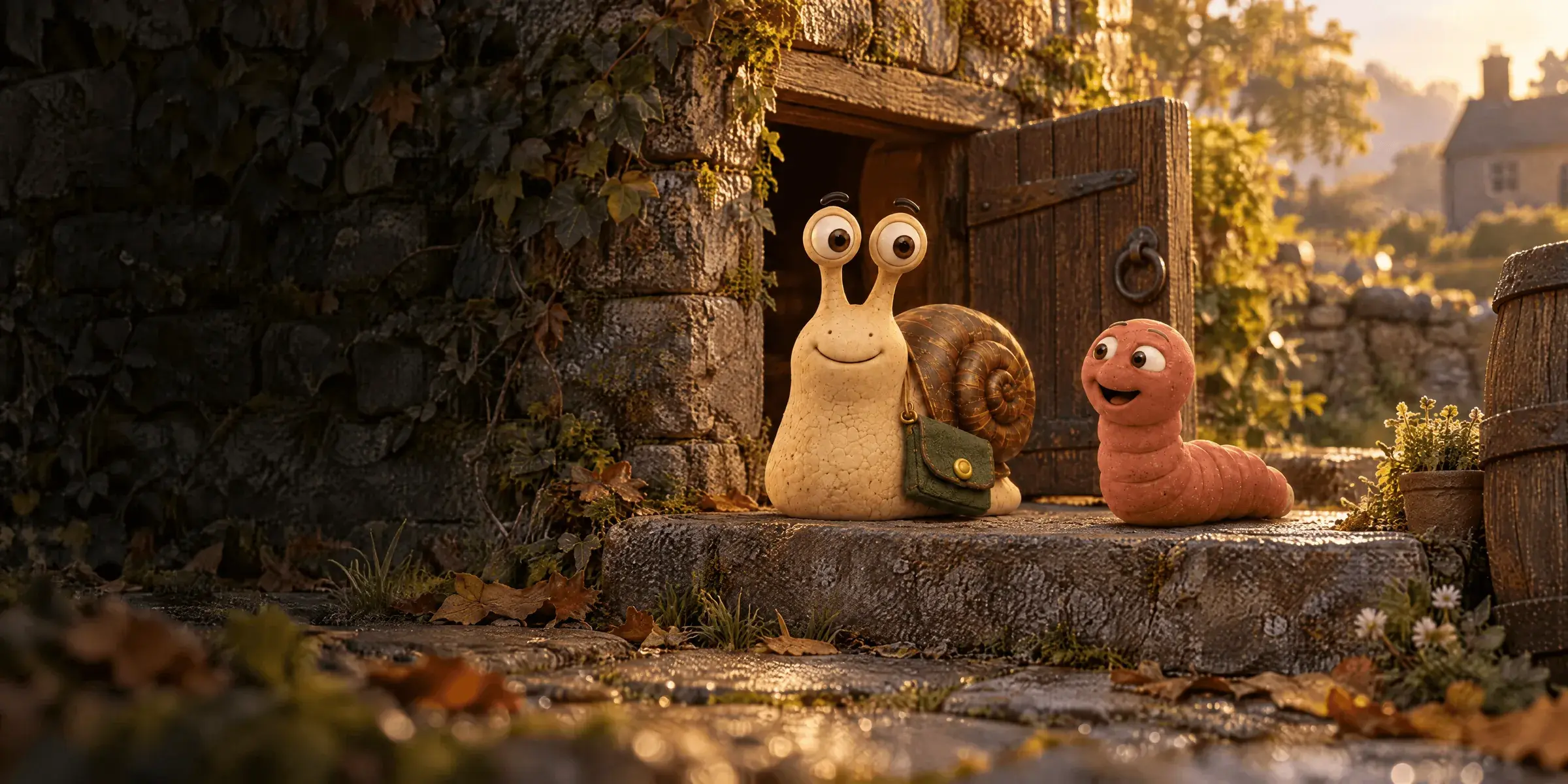 Eric the snail and Wally the worm on the stone step outside the Royal Oswald's cellar door in early morning light, setting out.