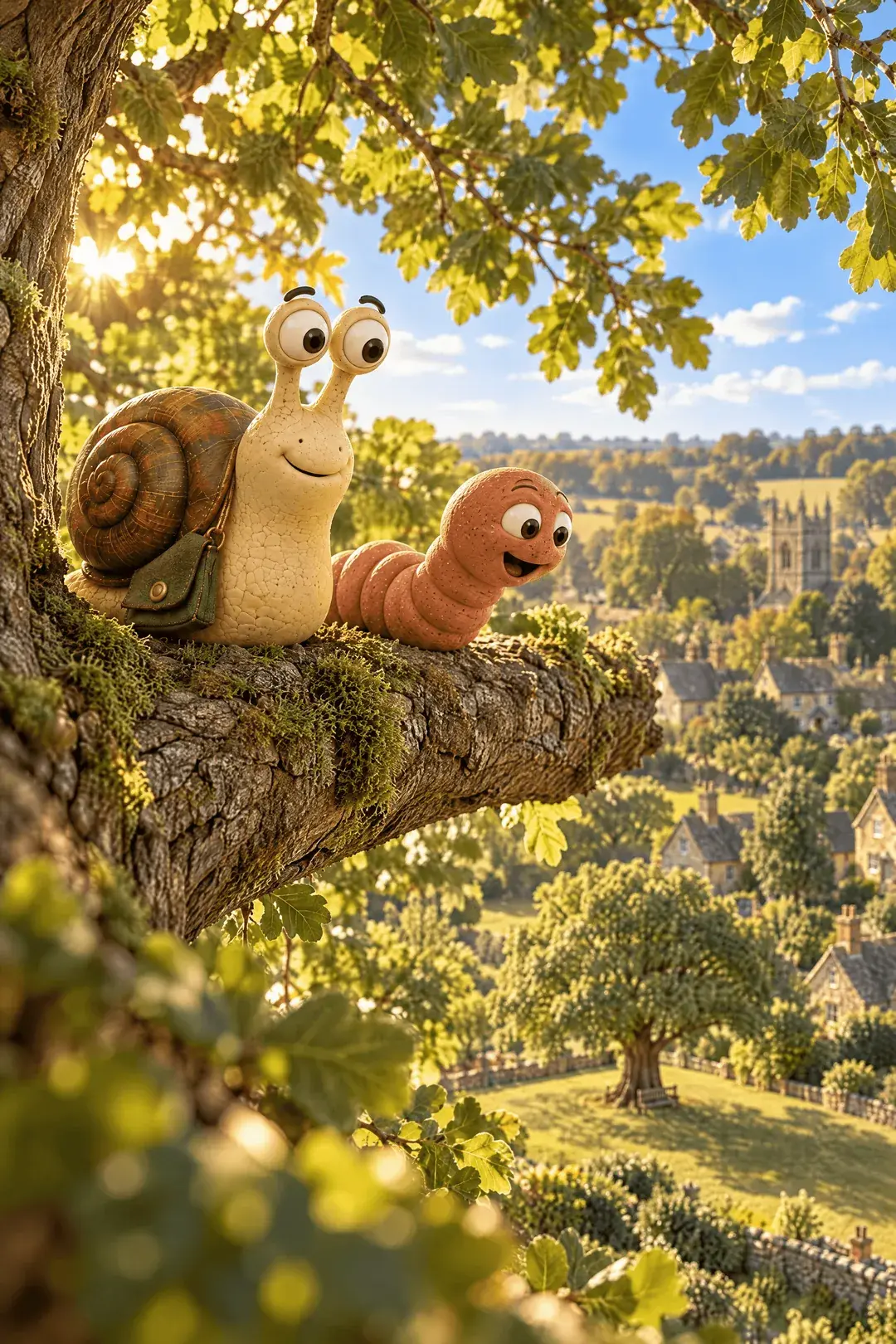 Eric the snail and Wally the worm high on a branch of the great oak on Madisle Green, the green small and far below.