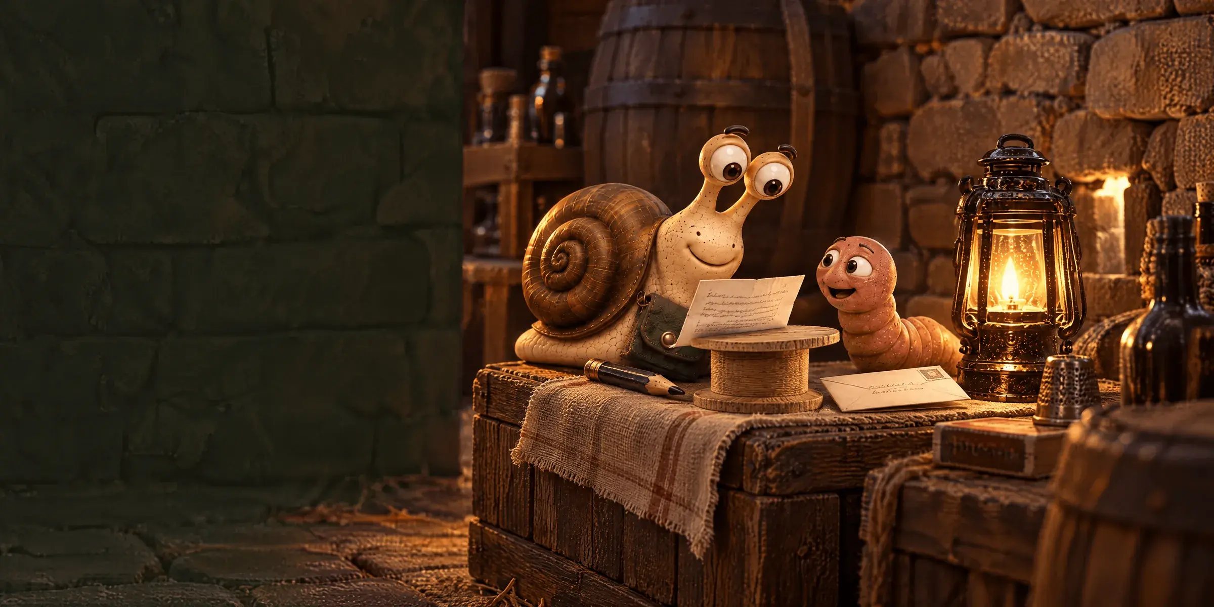Eric the snail at a little desk in the lantern-lit cellar, reading over a letter he has just finished, a pencil and an envelope beside it, with Wally the worm watching.