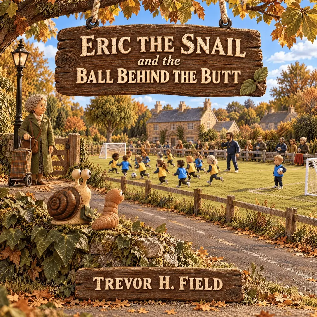 Book cover: Eric and Wally on an ivy-covered wall beside a lane, watching children play football on the school field in autumn, with Nanny Joan and her shopping trolley at the gate, beneath carved wooden signboards reading Eric the Snail and the Ball Behind the Butt, Trevor H. Field.