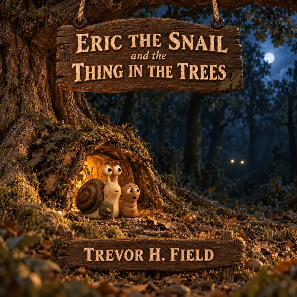 Book cover: Eric and Wally at the mouth of a shelter of leaves and sticks built into an oak root, lit warm from inside on a moonlit night, with two pale eyes watching from the dark trees behind, beneath carved wooden signboards reading Eric the Snail and the Thing in the Trees, Trevor H. Field.