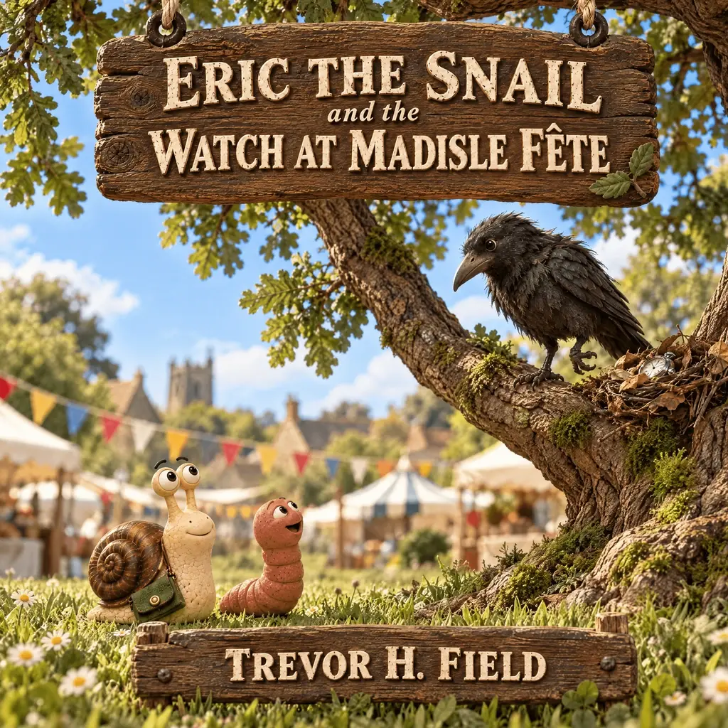Book cover: Eric and Wally look up from the grass at a crow perched on an oak branch, with bunting, stall canopies and a church tower behind them at the Madisle fete, beneath carved wooden signboards reading Eric the Snail and the Watch at Madisle Fete, Trevor H. Field.