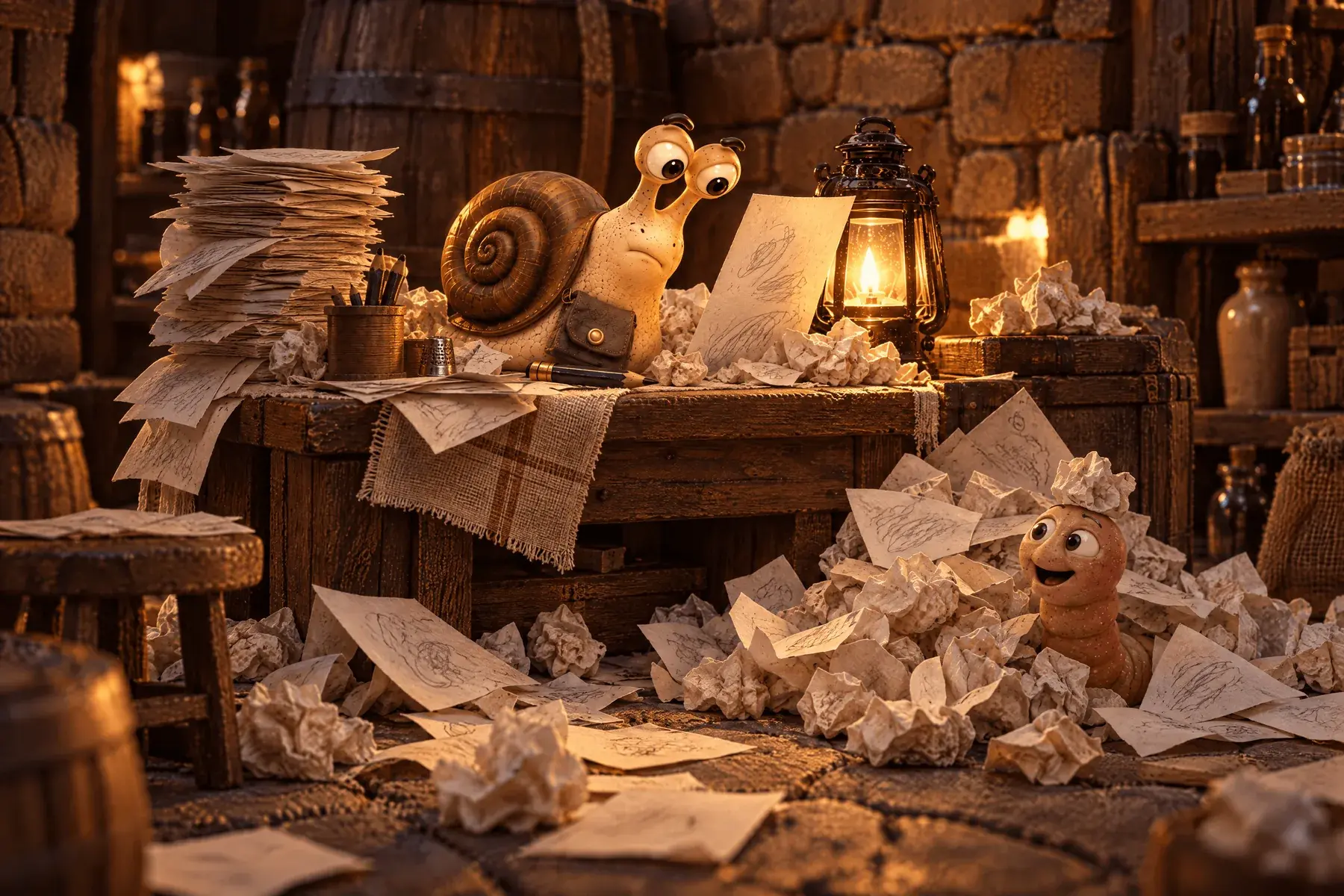Eric's little desk in the cellar buried in crumpled and stacked drawings, Wally the worm half under them and enjoying it, Eric the snail studying one sheet very seriously.