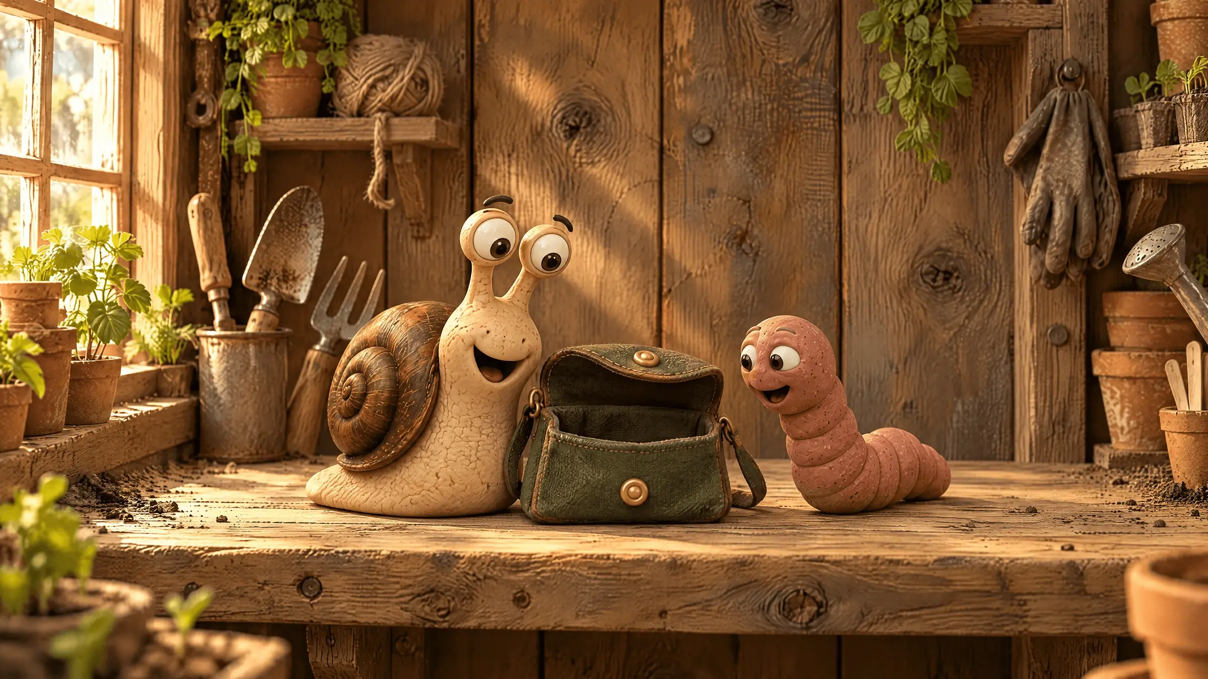 Eric the snail and Wally the worm on the potting shed bench, peering into Eric's moss-green satchel lying open and empty.