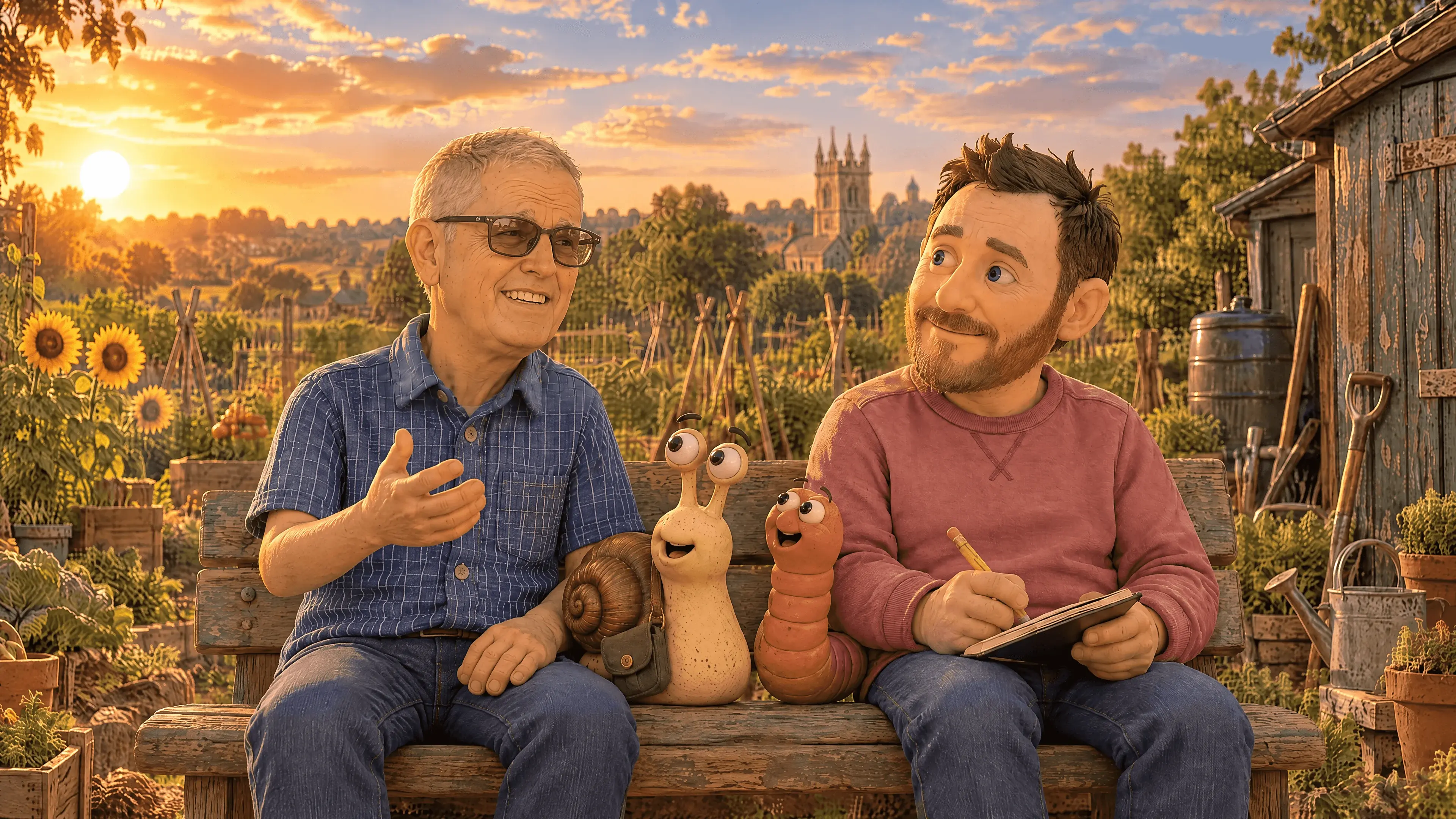 Trevor H. Field telling a story on a bench at the Elmsham allotments, his son Alex beside him writing in a notebook, with Eric the snail and Wally the worm listening between them.