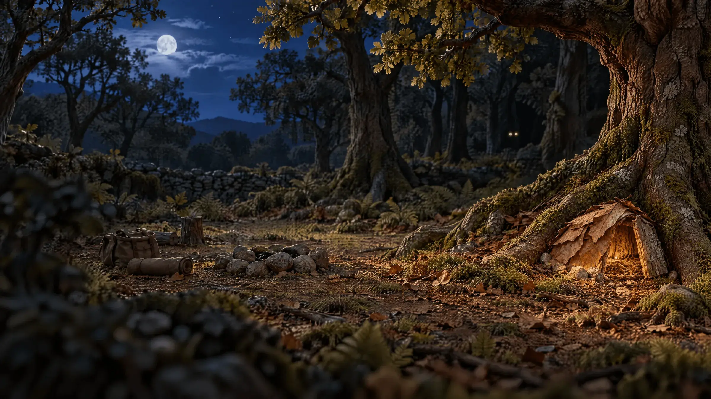 Kettlewell Forest at moonrise, a little shelter of leaves glowing in the root of an oak.