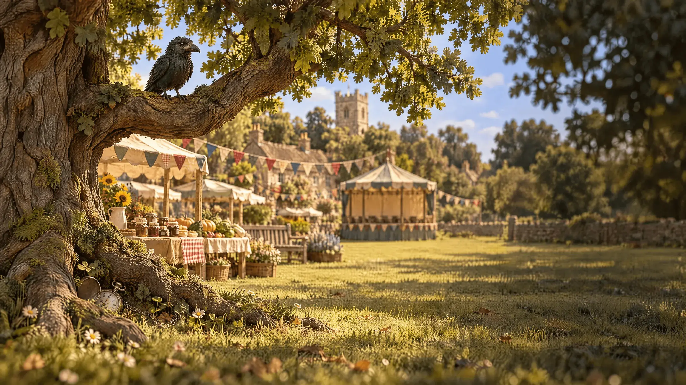 Madisle Green during the fête, with bunting, striped stalls and the great oak.
