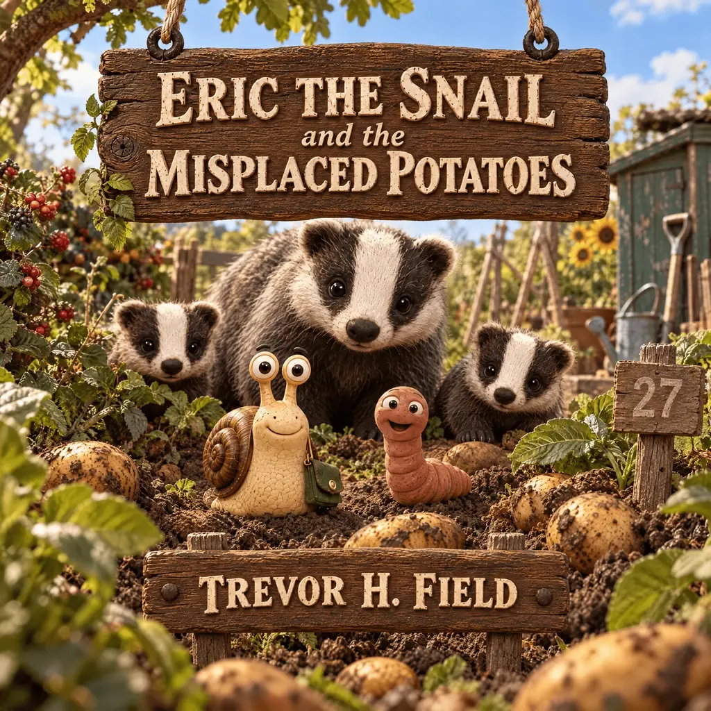 Book cover: Eric and Wally in the soil among dug potatoes on the allotment, a mother badger and two cubs peering over them, the Plot 27 marker at the right, beneath carved wooden signboards reading Eric the Snail and the Misplaced Potatoes, Trevor H. Field.