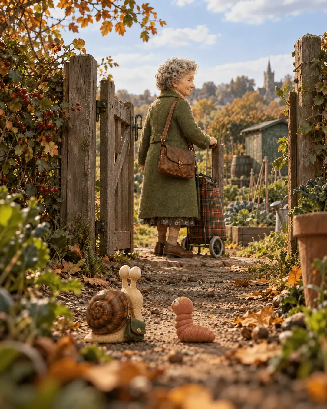 Nanny Joan pausing at the allotment gate with her shopping trolley, seen from behind and below, with Eric and Wally watching from the path in the foreground.