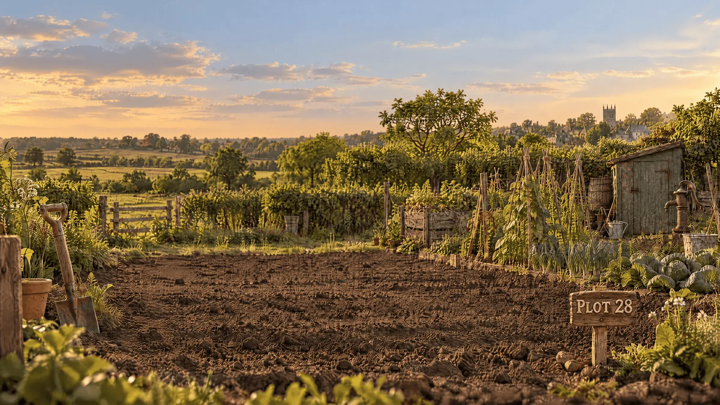 The Elmsham allotments at golden hour, a freshly dug plot with a small carved sign reading Plot 28, the shed and bean poles beyond and the square tower of St Erin's on the skyline.