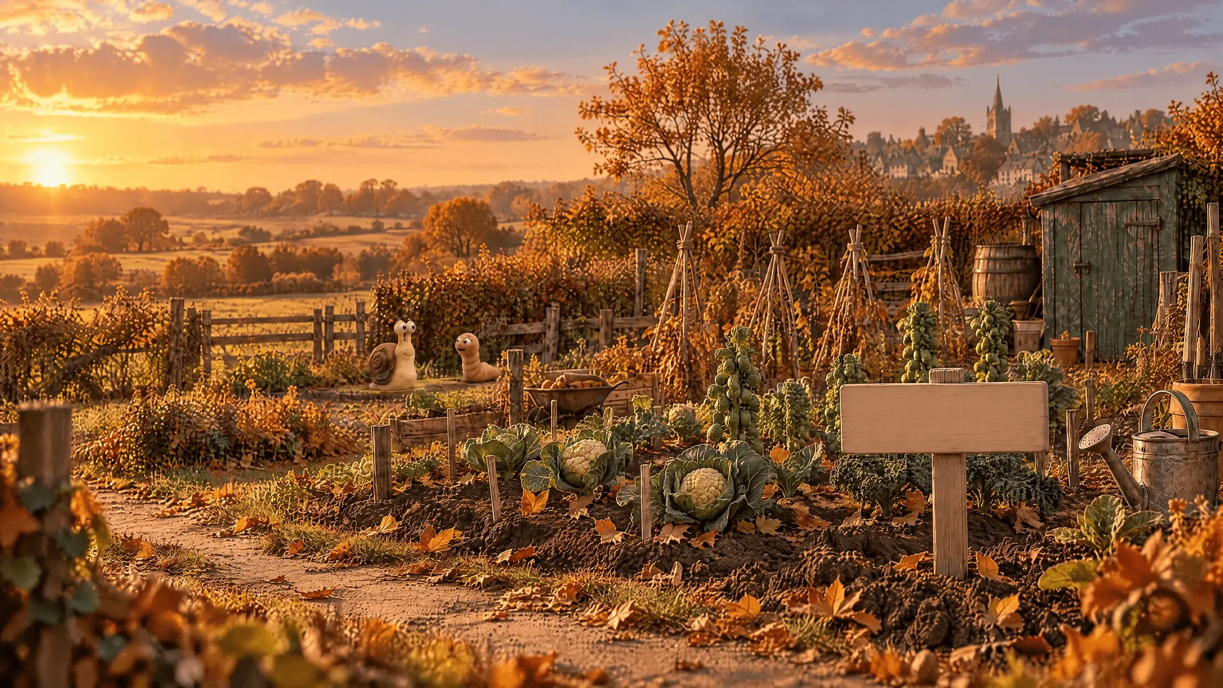 Plot 28 at The Field Allotments in autumn, low sun across the fields beyond: a row of cabbages and other brassicas still standing while the rest of the plot has gone over, blown leaves lying unswept across the rows, and a blank wooden name sign at the front of the plot.