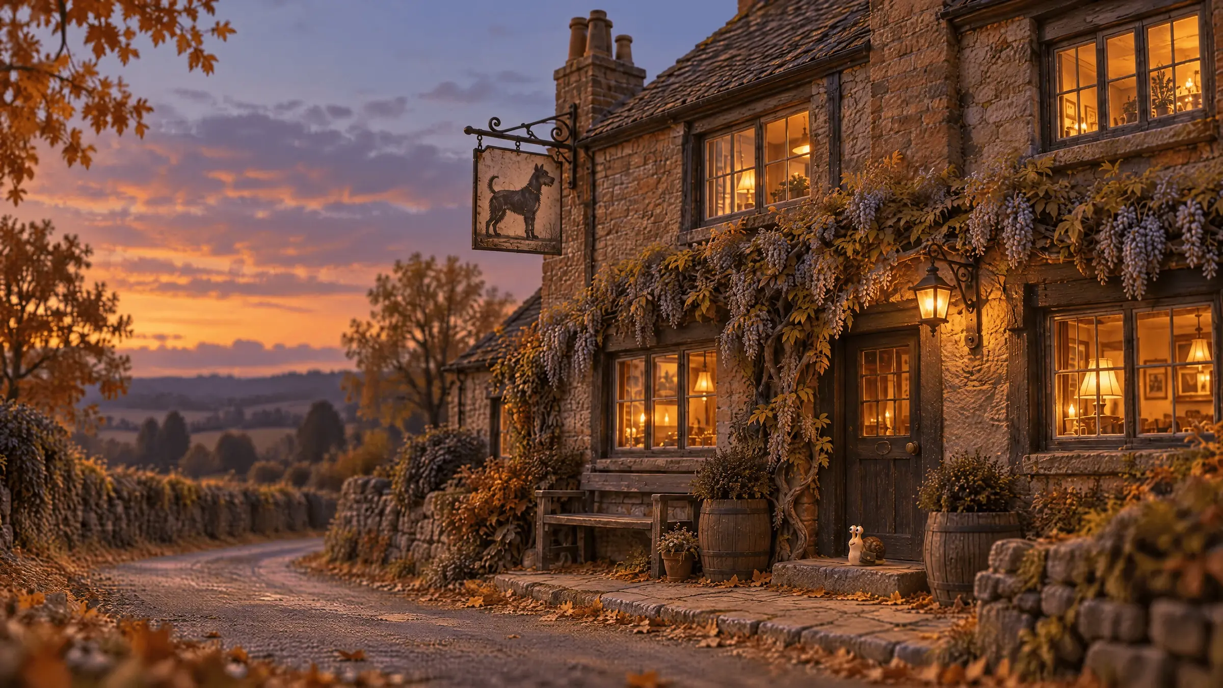 The Royal Oswald Inn at dusk seen from the lane, windows lit and wisteria around the door, with Eric very small on the stone doorstep.