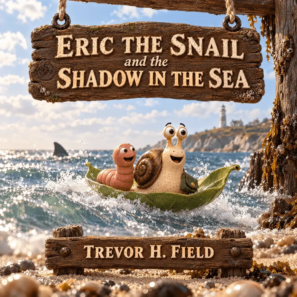Book cover: Wally and Eric riding a green leaf through splashing waves, a dark fin in the water behind them and a lighthouse on the headland, beneath carved wooden signboards hanging from a jetty post, reading Eric the Snail and the Shadow in the Sea, Trevor H. Field.