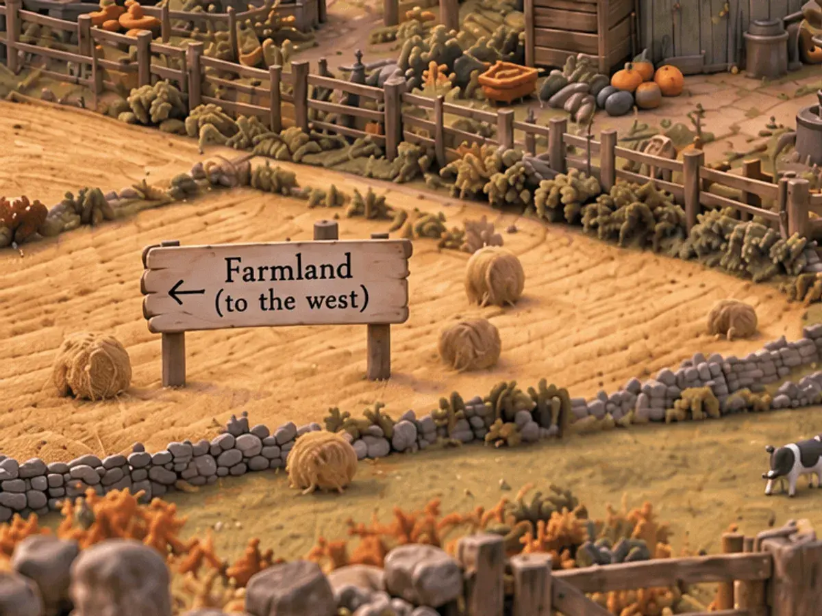 The farmland west of the allotments, with hay bales, on the map of Elmsham.