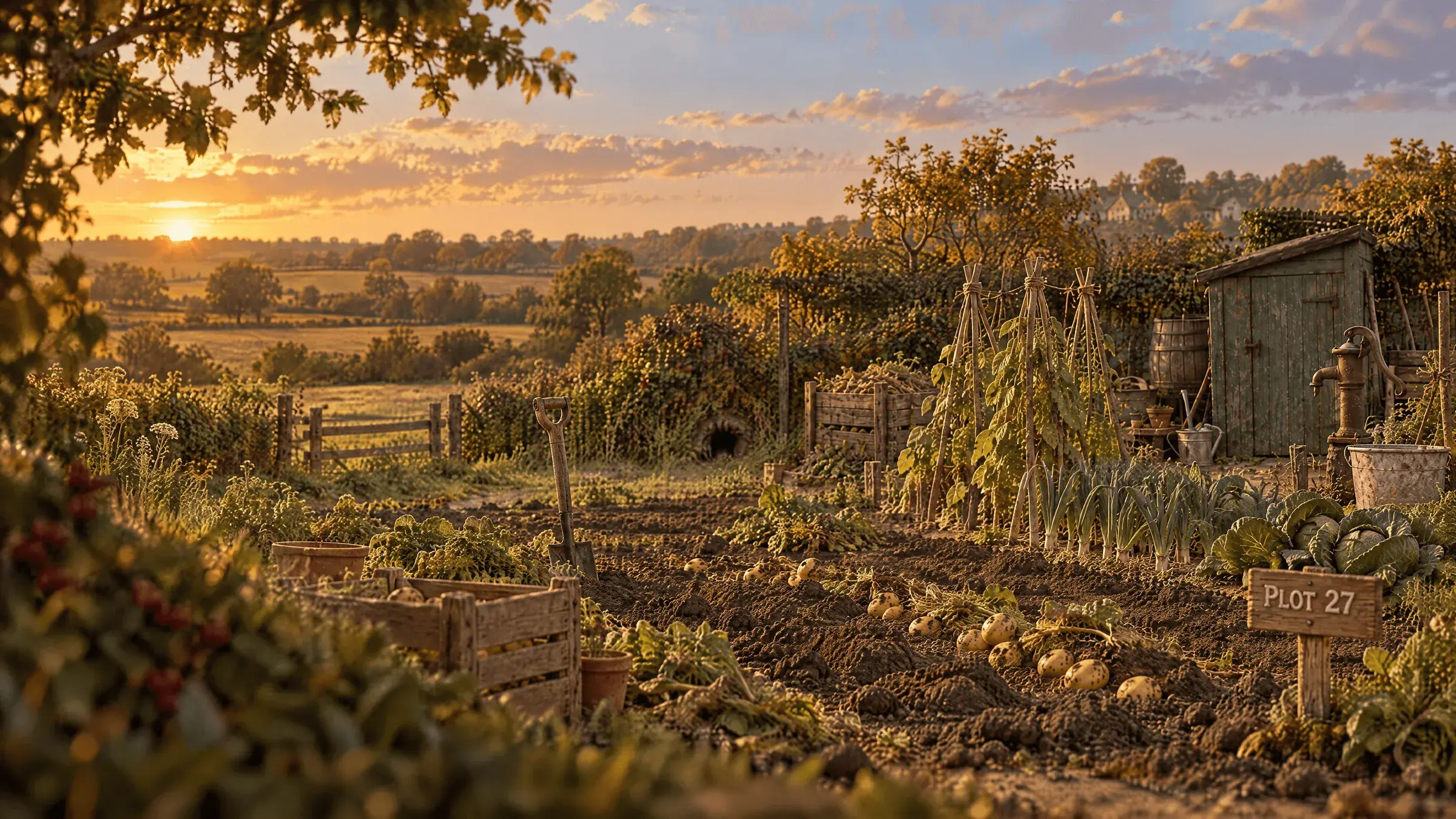 The Field Allotments at golden hour, with Plot 27's carved sign among the rows.