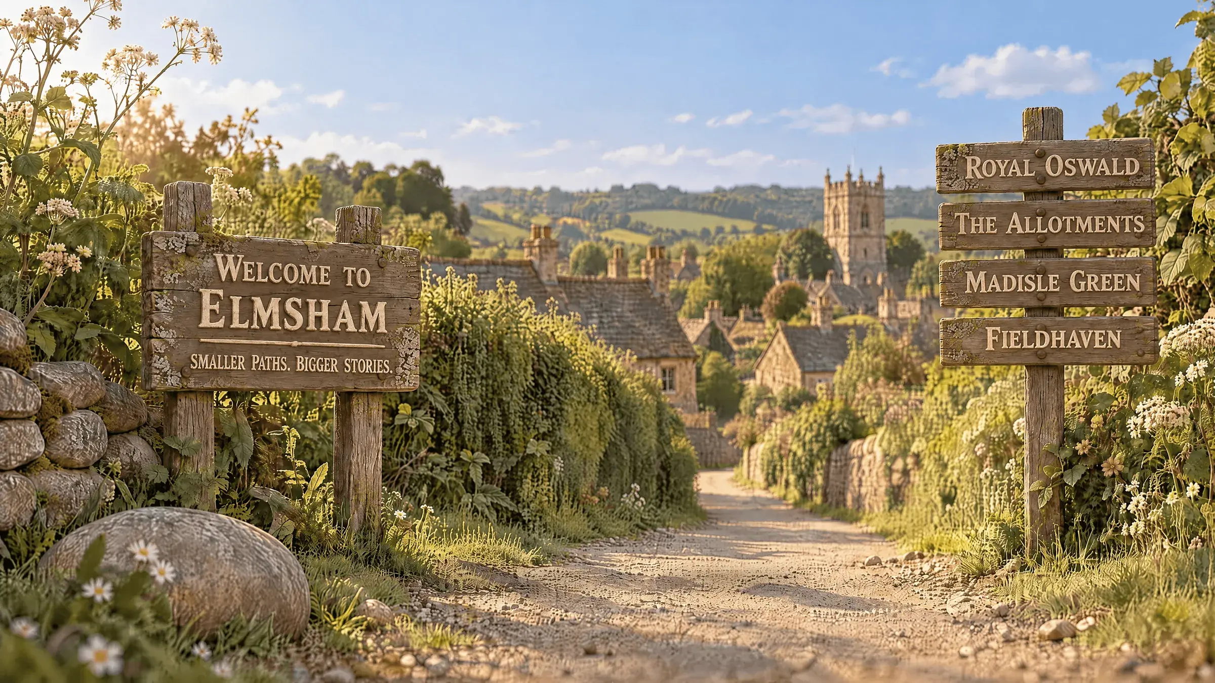 The lane into Elmsham on a summer afternoon: a carved welcome board reading Welcome to Elmsham, Smaller paths. Bigger stories., a signpost to Royal Oswald, The Allotments, Madisle Green and Fieldhaven, and the square tower of St Erin's among the roofs. Eric the snail and Wally the worm have just arrived on the path, looking pleased.