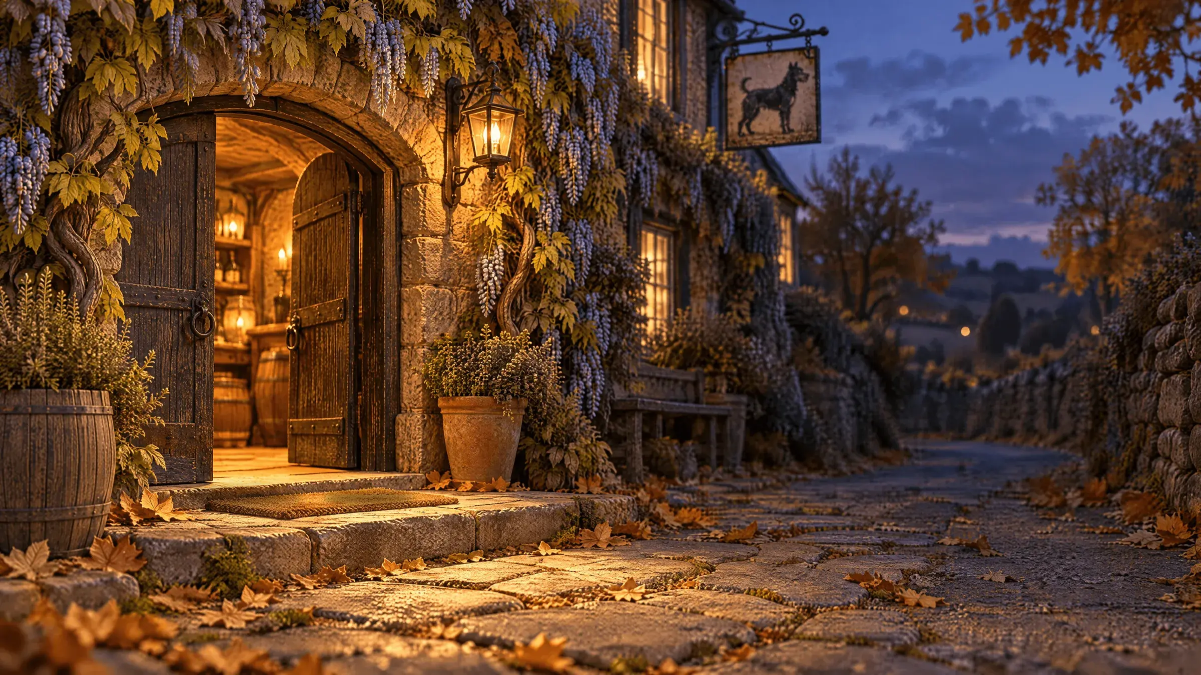 The cellar door of the Royal Oswald Inn standing open at dusk, warm lantern light spilling over the flagstones and the doorstep, a doormat, a lantern on a hook and a pot of herbs. Eric the snail and Wally the worm wait on the doorstep, asking you in.