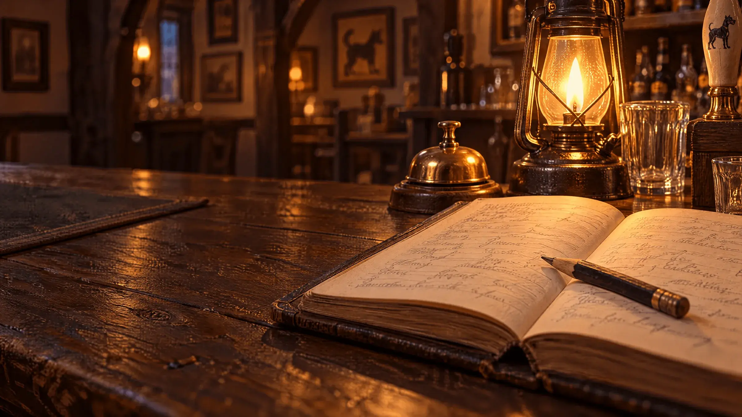The Royal Oswald's guest book lying open on the old wooden bar by lamplight, a stub of pencil across it and a small brass bell beside it.