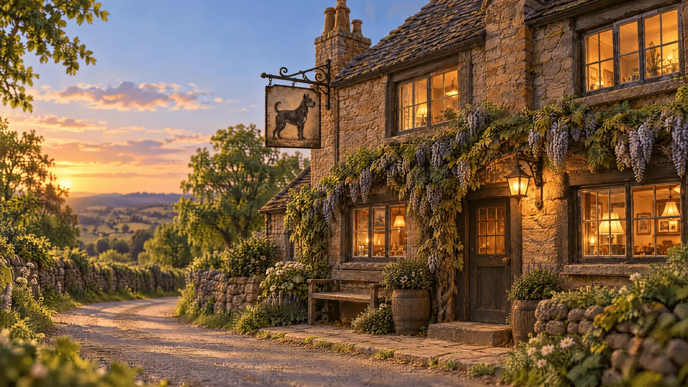 The Royal Oswald Inn at dusk, its windows lit and wisteria over the door.