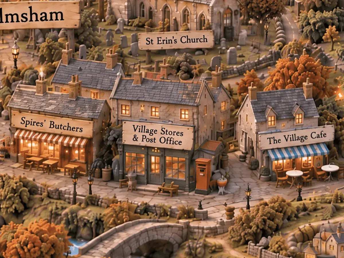 Spires' Butchers, the Village Stores and Post Office, and the Village Café, on the map of Elmsham.