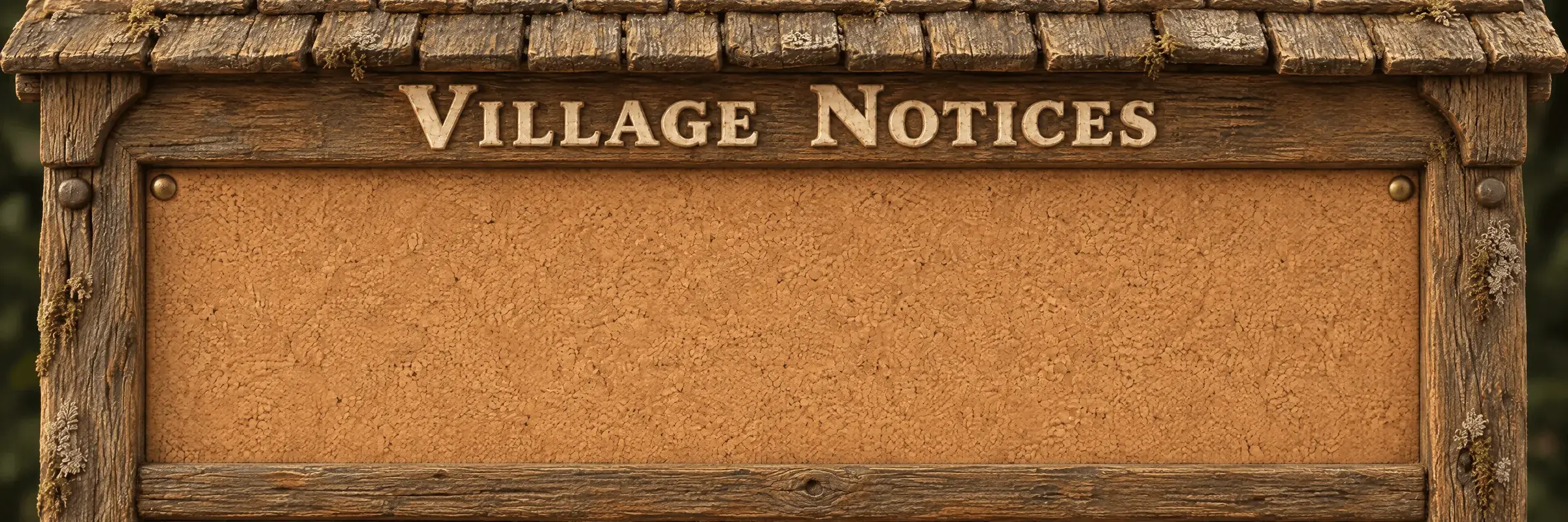 A long weathered wooden noticeboard with a little shingle roof and Village Notices carved on its top rail.