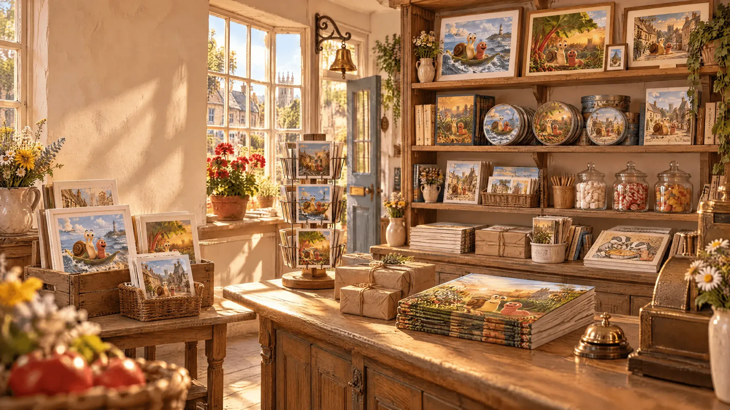 Inside the Village Stores in Elmsham on a sunny morning: wooden shelves and a counter with framed prints, jigsaw tins, a wall calendar, a postcard rack, colouring books and brown-paper parcels.