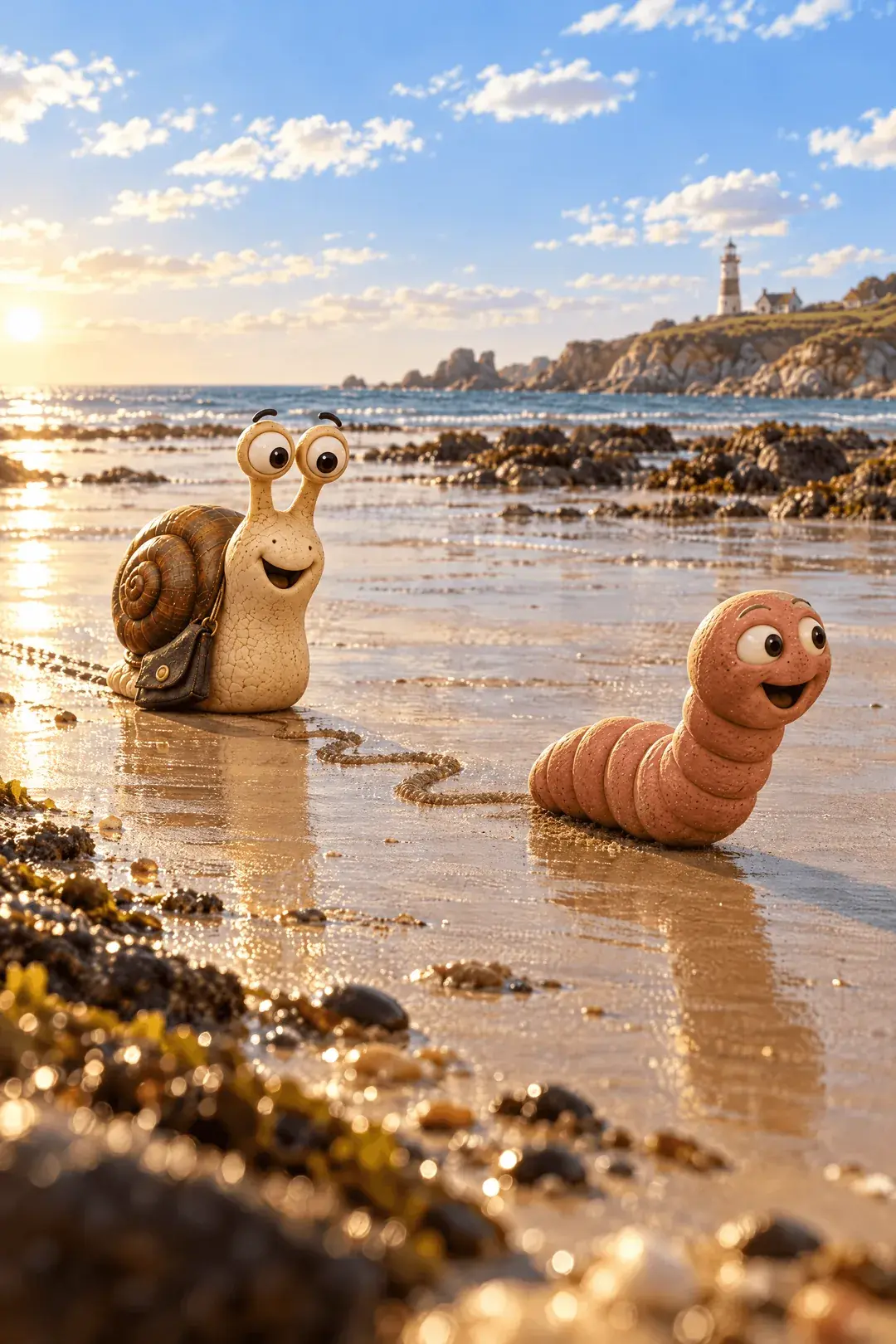Wally the worm racing across the sand at Fieldhaven leaving a wiggly track, with Eric the snail following behind on a slow straight one.